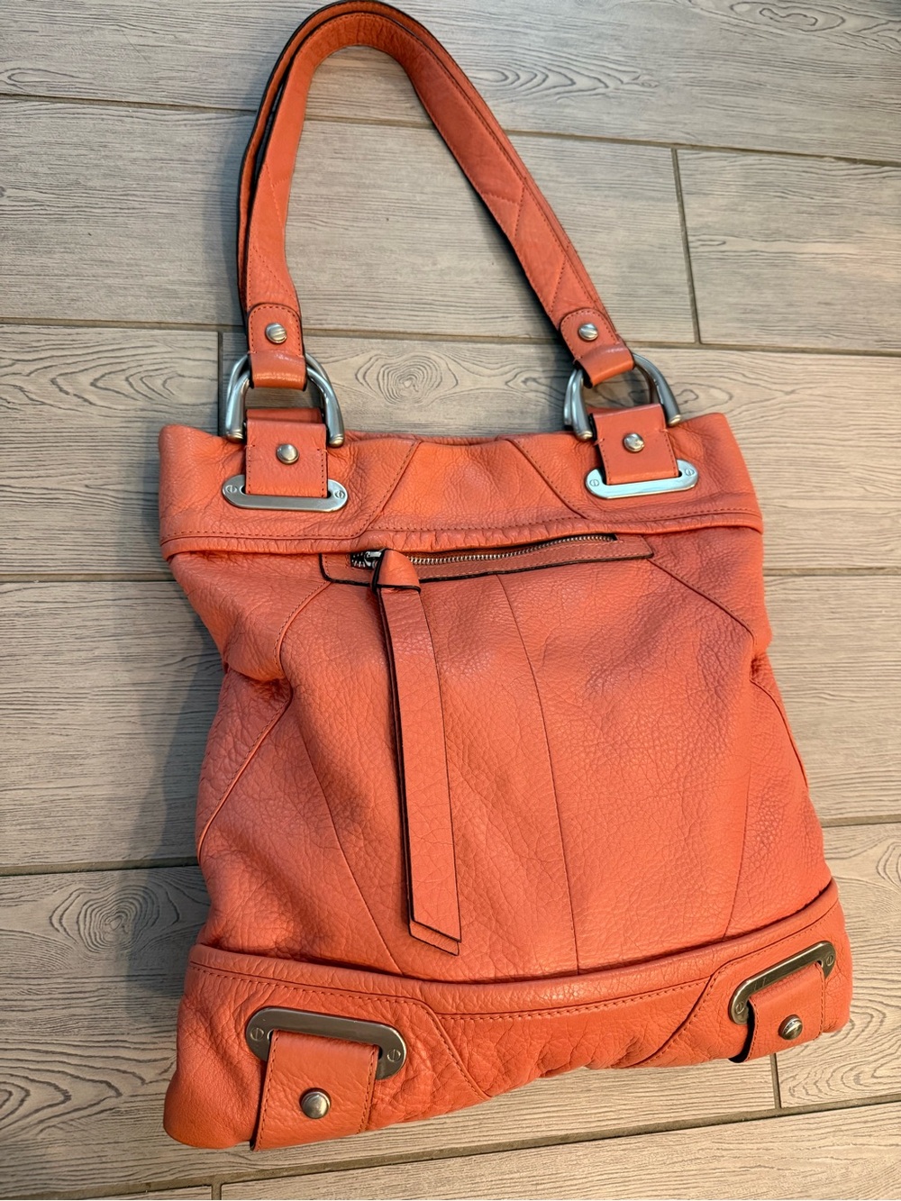 B Makowsky Pebbled Leather Orange Hobo  Tote Bag